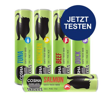 Probierpaket Cosma Snackies 164 g, 7 Sorten (Hühnchen, Thunfisch, Ente, Lachs, Rind, Kaninchen, Truthahn)