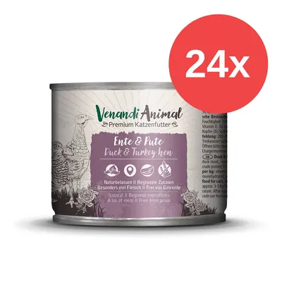 Venandi Animal Premium karma dla kotów, kaczka i indyk, naturalna, regionalne składniki, wysoka zawartość mięsa, bez zbóż. Opakowanie 24 puszek. Venandi Animal Premium karma dla kotów, kaczka i indyk, naturalna, regionalne składniki, wysoka zawartość mięsa, bez zbóż. Opakowanie 24 puszek.