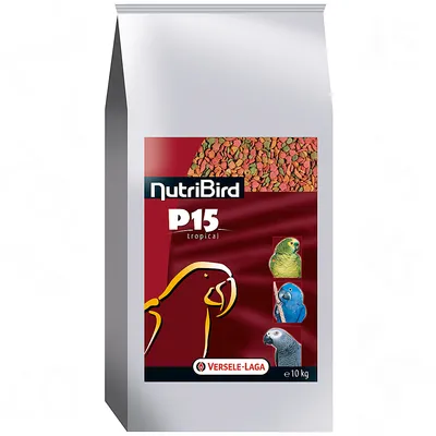 NutriBird P15 tropical by Versele-Laga, 10 kg bag with images of three parrots and visible multicoloured pellets on the packaging.
