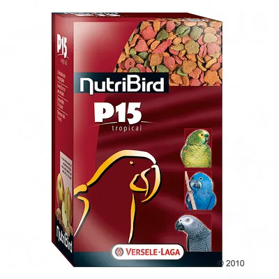 Versele-Laga NutriBird P15 tropical, afbeelding van gekleurde pellets en drie papegaaien op de verpakking. Merknaam en productnaam duidelijk zichtbaar.