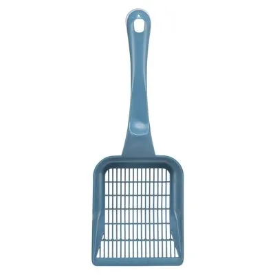 Blauwe kattenbakschep van plastic met rechthoekige, geperforeerde schep en lang handvat met ophangoog.