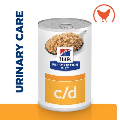 Hill's Prescription Diet c/d konzerva, natpis URINARY CARE, slika hrane na žlici, narančasta ikona kokoši u kutu