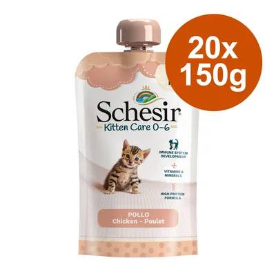 Schesir Kitten Care 0-6, Pollo Chicken Poulet, 20x150g. Immunrendszer fejlődése, vitaminok és ásványi anyagok, magas fehérjetartalmú formula.