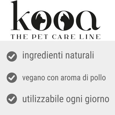 kooa THE PET CARE LINE. ingredienti naturali, vegano con aroma di pollo, utilizzabile ogni giorno.
