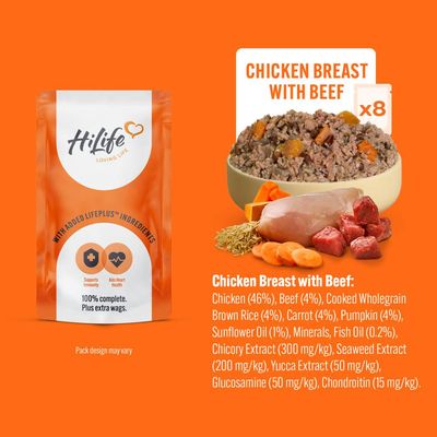Chicken breast with beef food, pack of 8. Key ingredients: chicken, beef, brown rice, carrot, pumpkin, sunflower oil, minerals, fish oil, chicory, seaweed, yucca, glucosamine, chondroitin.