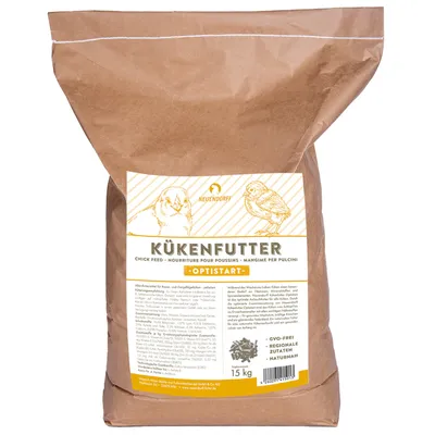 Neudorff Kükenfutter Optistart, bez GMO, regionálne suroviny, prírodné, 15 kg. Vhodné pre kuriatka plemenných a zakrpatených sliepok počas rastu.