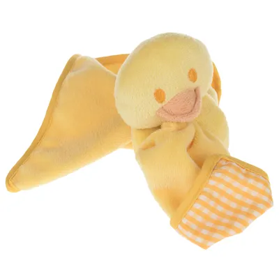 Jouet en peluche jaune en forme de canard avec tête ronde, bec brodé et coin à motif vichy orange et blanc, tissu doux visible.