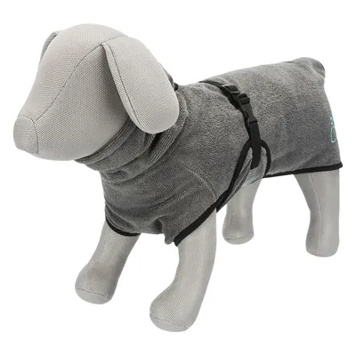 Mannequin chien portant un manteau gris en tissu avec harnais noir intégré, motif patte turquoise visible sur le côté arrière du vêtement.