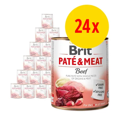 Lot de 24 boîtes Brit Paté & Meat Beef, pâté pur avec morceaux d’abats et viande. Mentions visibles : grain free, soy & GMO free. Texte en anglais sur l’étiquette.