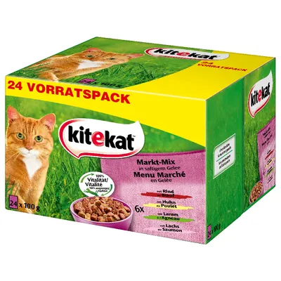 Опаковка Kitekat Markt-Mix в желе, 24 x 100 г. Видими са текстове: 24 VORRATSPACK, 100 % Vitalität/Vitalité, Rind, Huhn, Lamm, Lachs. Снимка на котка и купичка с храна.