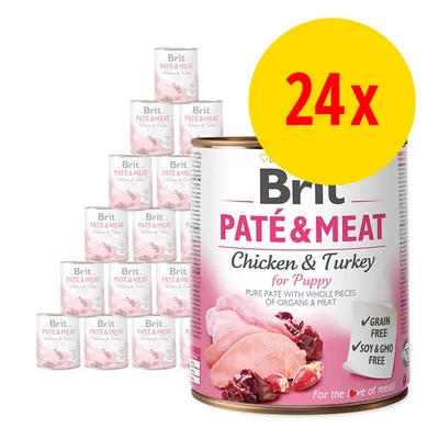Lot de 24 boîtes Brit Paté & Meat Chicken & Turkey for Puppy, texte visible : Grain Free, Soy & GMO Free, image de viande sur l’emballage.