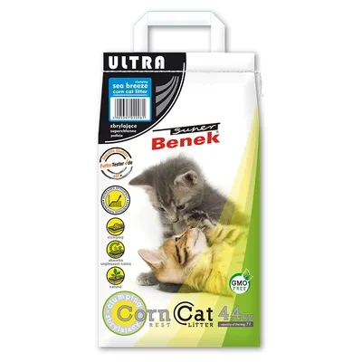 Super Benek Ultra Corn kissanhiekka, 4,4 kg, Sea Breeze -tuoksu, paakkuuntuva, imee epämiellyttäviä hajuja, luonnollinen, GMO-vapaa.