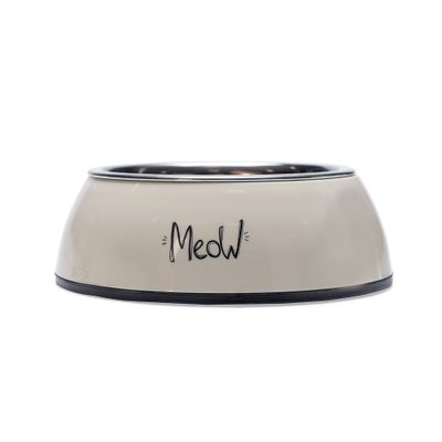 Ciotola beige per alimenti con interno in acciaio inox e scritta 'Meow'.