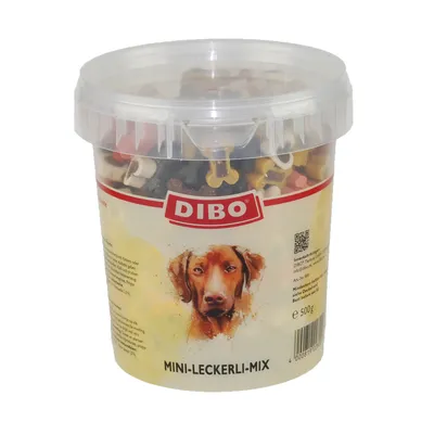 Plastburk med DIBO MINI-LECKERLI-MIX, 500 g. Färgglada hundgodisbitar synliga genom locket. Synlig streckkod och QR-kod på etiketten. Plastburk med DIBO MINI-LECKERLI-MIX, 500 g. Färgglada hundgodisbitar synliga genom locket. Synlig streckkod och QR-kod på etiketten.
