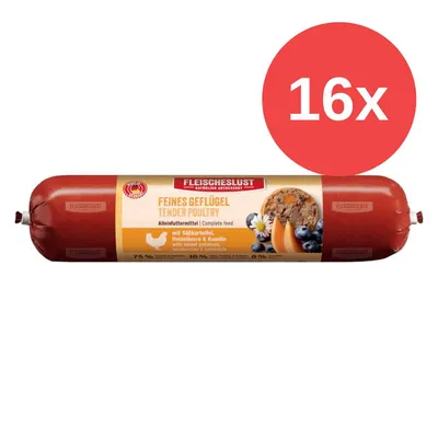 Fleischeslust Feines Geflügel Alleinfuttermittel mit Süßkartoffeln, Heidelbeeren und Kamille. Packungseinheit: 16x.
