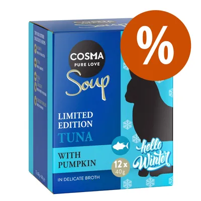 COSMA PURE LOVE Soup LIMITED EDITION TUNA WITH PUMPKIN 12×40g, hello Winter, oranžové procento v kruhu na obalu