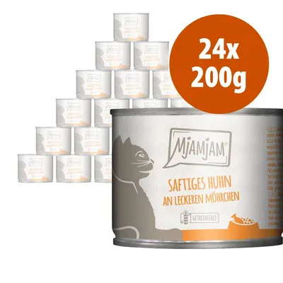 MjAMjAM Saftiges Huhn an leckeren Möhrchen, confezione da 24 lattine da 200 g ciascuna. Testo in tedesco visibile sull'etichetta e indicazione 'getreidefrei'.