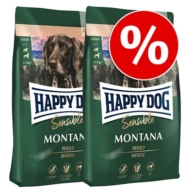 Happy Dog Sensible Montana Pferd Adult, 11kg+, zwei Packungen mit Rabattzeichen. Für ausgewachsene Hunde, ohne Getreide, leicht verdaulich.