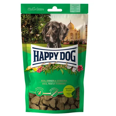Sachet de friandises pour chien Happy Dog Soft Snack, saveur riz, pois et curcuma. Texte visible : sans sucre ajouté, recette végétarienne, pour chien adulte.