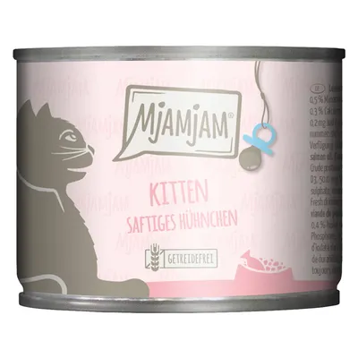 Mjamjam Kitten сочна пилешка храна, без зърнени култури. Изображение на котка и купичка за храна върху консервата.