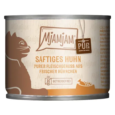 Boîte de nourriture pour chat MjAMjAM PUR, texte visible : Saftiges Huhn, purer Fleischgenuss aus frischem Hühnchen, getreidefrei. Illustration de chat et gamelle.