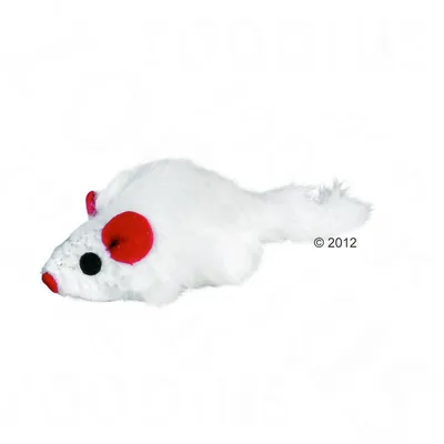 Jouet pour chat en forme de souris blanche avec oreilles et nez rouges, yeux noirs, matière peluche visible. Aucun texte ou marque apparente.