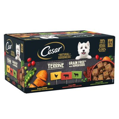 Cesar Natural Goodness Terrine, Grain Free with Superfoods, 6 x 400g. Varieties: chicken, beef, lamb. 100% natural ingredients, 100% recyclable.
