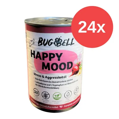 BugBell Happy Mood, estrés y agresividad, con remolacha, anacardos y L-triptófano. Vegano, hipoalergénico, sin gluten. Paquete: 24 latas.