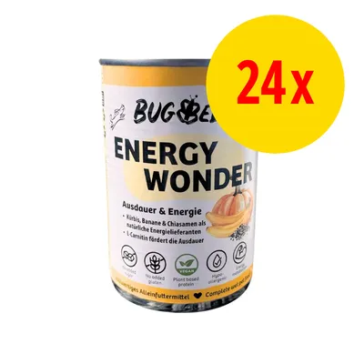 Lot de 24x BUGBELL Energy Wonder, conserve avec texte visible : vegan, protéines végétales, hypoallergénique, sans gluten ajouté. Illustration citrouille, banane, graines de chia.