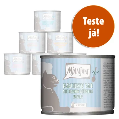 Latas de comida para gatos MjAMjAM Blanchiertes Kalb mit leckeren Möhrchen an Soße. Selo laranja com texto: Teste já!