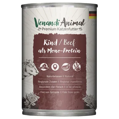 Venandi Animal Premium macskaeledel, marha mint egyfehérjés. Természetes, regionális összetevők, különösen magas hústartalom, gabonamentes.