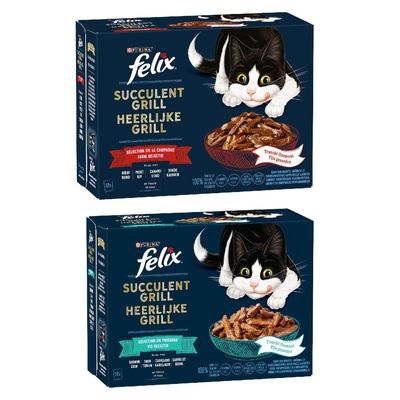Purina Felix Tasty Shreds, confezione da 24x. Testo visibile: 3x mit Lachs, Thunfisch, Kabeljau; 2x mit Scholle. Geschmacksvielfalt aus dem Wasser. In einer köstlichen Sauce.