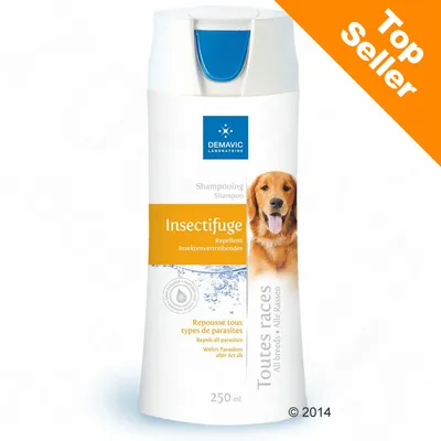 Shampooing Demavic Insectifuge 250 ml, repousse tous types de parasites, toutes races. Texte visible : Top Seller, Repellent, Shampoo, Repousse tous types de parasites.