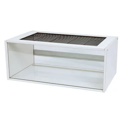Terrarium rectangulaire en verre et métal blanc, parois transparentes, grille d’aération sur le dessus et bande de ventilation latérale visible.