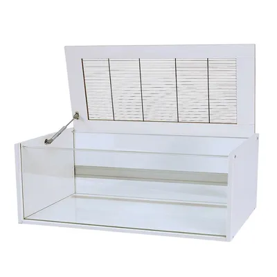 Terrarium rectangulaire blanc avec parois en verre, couvercle supérieur à grille métallique relevé, panneau latéral et fond blancs, aération visible sur la face arrière.