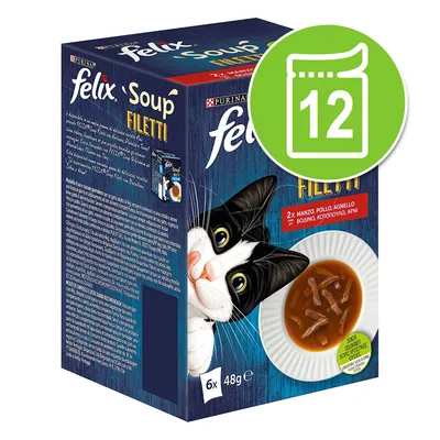 Συσκευασία Felix Soup Filetti Purina, 6x48g. Ετικέτα: 2x μοσχάρι, κοτόπουλο, αρνί. Πράσινο σύμβολο με αριθμό 12 σε κονσέρβα. Χωρίς χρωστικές ουσίες.