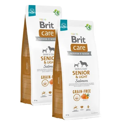 Dwa worki Brit Care Senior & Light Salmon, karma bezzbożowa dla psów, 12 kg. Widoczne napisy: Skin & Coat, Grain-Free, Omega-3, Weight Management, Cardio, Joints & Cartilage.