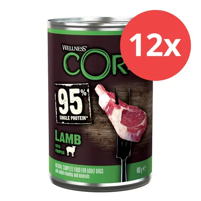 Wellness CORE 95% Single Protein Lamm mit Kürbis, 12x 400g Dose. Natürliche Vollnahrung für erwachsene Hunde mit zugesetzten Vitaminen und Mineralstoffen.