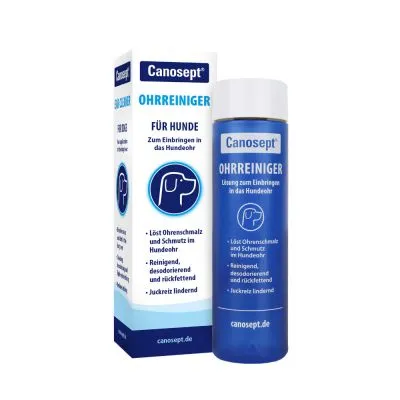 Canosept Ohrreiniger per cani, soluzione per pulizia orecchie. Testo visibile in tedesco: reinigend, desodorierend, rückfettend, juckreiz lindernd. Immagine di cane stilizzato.