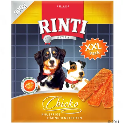 Rinti Extra Chicko XXL Pack 900 g, 100% filet, knusprige Hähnchenstreifen. Widoczne dwa psy i kawałki suszonego mięsa na opakowaniu.