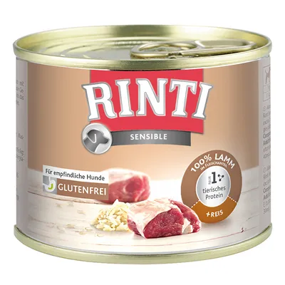 Konzerva Rinti Sensible, 100 % Lamm im Fleischanteil, mit Reis, glutenfrei, Für empfindliche Hunde, 1. tierisches Protein. Text v němčině.