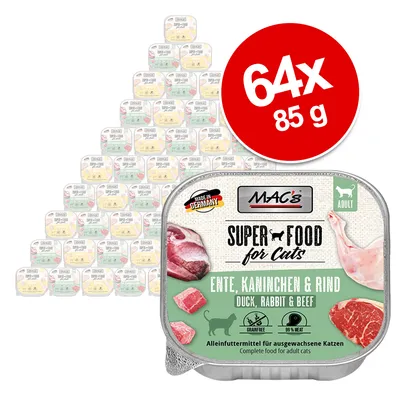 MAC's Super Food for Cats, kachna, králík a hovězí, 64x85g, vyrobeno v Německu, bez obilovin, 99 % masa, kompletní krmivo pro dospělé kočky.