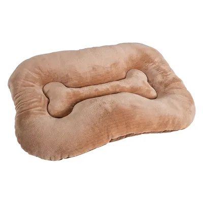 Beiges, weiches Kissen in Knochenform mit gepolstertem Rand. Geeignet als Liegefläche oder Accessoire.