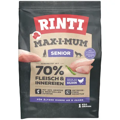 Rinti Max-I-Mum Senior, preparato con 70% carne e frattaglie, ricco di pollo fresco, con 30% verdure, ricetta senza cereali. Per cani anziani da 8 anni. 1 chilogrammo.