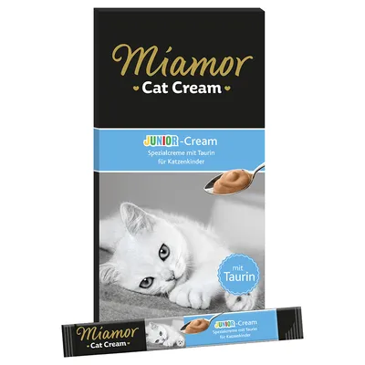 Miamor Cat Cream JUNIOR-Cream, Spezialcreme mit Taurin für Katzenkinder, mit Taurin. Ambalaj cu imaginea unei pisici albe și o linguriță cu cremă. Miamor Cat Cream JUNIOR-Cream, Spezialcreme mit Taurin für Katzenkinder, mit Taurin. Ambalaj cu imaginea unei pisici albe și o linguriță cu cremă.