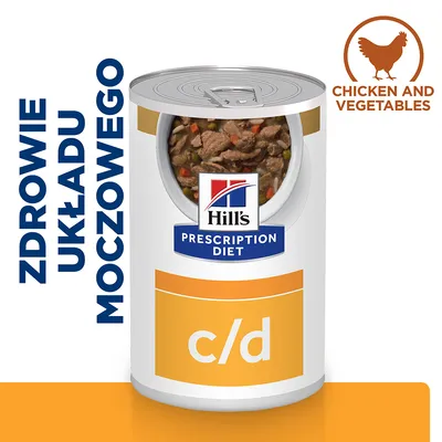 Hill's Prescription Diet c/d, zdrowie układu moczowego, chicken and vegetables. Etykieta puszki z widoczną karmą mokrą i logo marki.
