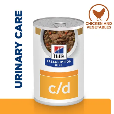 Prescription diet c/d urinary care wet food with chicken and vegetables, shown in a can. Visible text: URINARY CARE, CHICKEN AND VEGETABLES.