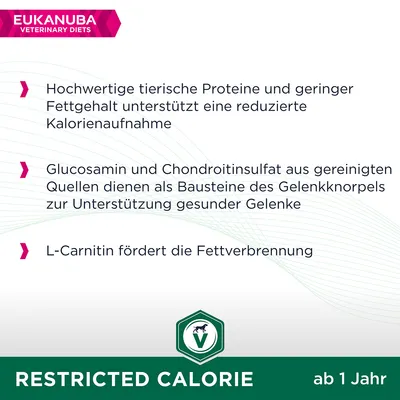 Eukanuba Veterinary Diets. Hochwertige tierische Proteine und geringer Fettgehalt unterstützen reduzierte Kalorienaufnahme. Glucosamin fördert gesunde Gelenke. L-Carnitin unterstützt Fettverbrennung.