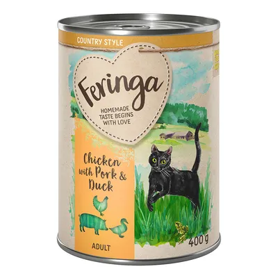 Feringa Country Style, alimento para gatos adultos, variedad: pollo con cerdo y pato, lata de 400g. Ilustración con gato negro y paisaje rural.