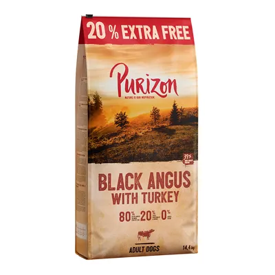 Purizon Black Angus with turkey, 14.4 kg. 20% extra free. For adult dogs. 80% meat content, 20% vegetables, 0% grain.